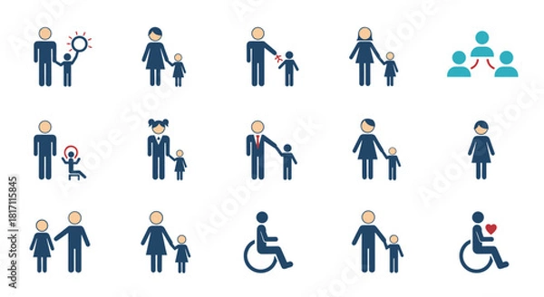 Fototapeta Collection of flat pictograms and icons representing diverse family structures parents and children and people with disabilities.