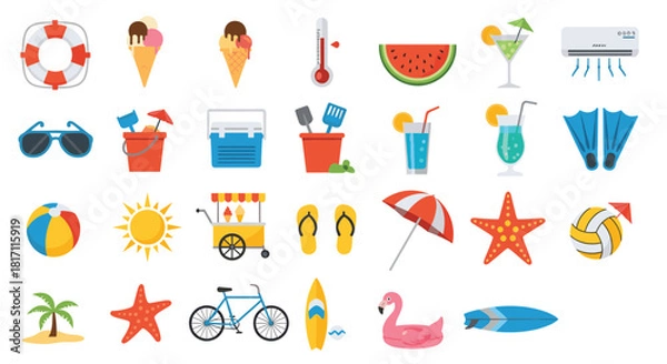 Fototapeta Large collection of colorful flat design icons representing various summer vacation and beach holiday activities and items.