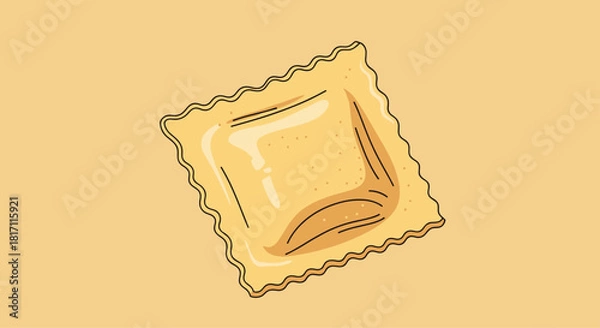 Fototapeta Hand-drawn style illustration of a single square ravioli pasta with crimped edges ready for cooking on a solid light brown background.
