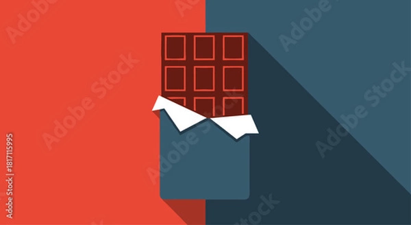 Fototapeta Flat design icon of a dark chocolate bar partially unwrapped from its packaging with a long shadow on a split color background.