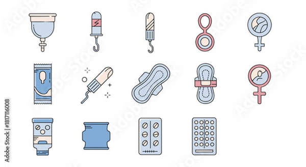 Fototapeta Collection of pastel-colored line art icons representing various feminine hygiene and menstrual cycle products like pads and tampons.