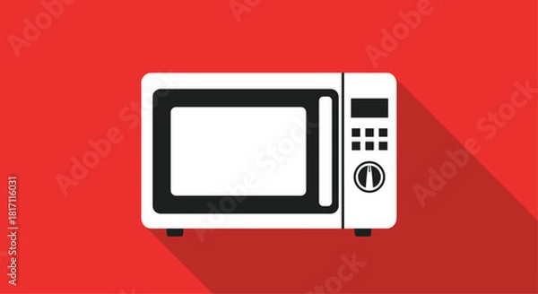 Fototapeta Simple white icon of a modern microwave oven with a digital display in a flat design style with a long shadow on a red background.