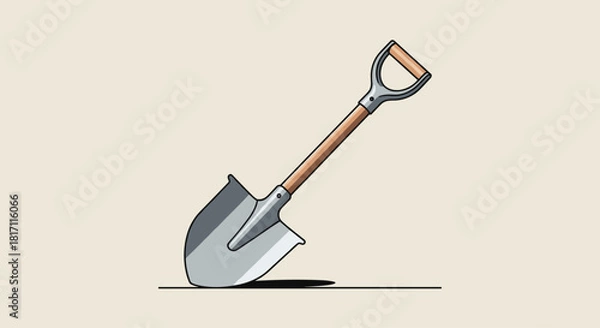 Fototapeta Detailed cartoon illustration of a garden shovel with a wooden handle and D-grip standing upright in the ground on a plain background.