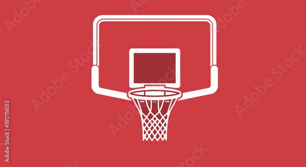 Fototapeta White silhouette icon of a professional basketball hoop net and backboard for sports and recreation on a solid red background.