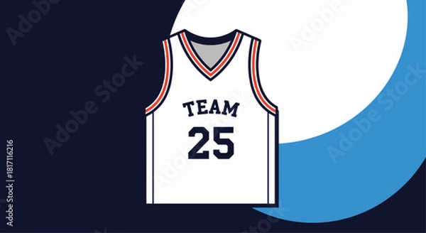 Fototapeta White basketball team jersey with the number 25 in a modern graphic style against a split blue and white circular background.
