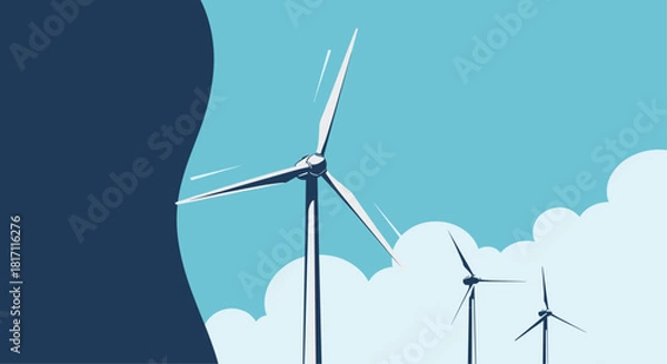 Fototapeta Wind turbines generating clean renewable energy on a wind farm under a partly cloudy sky as a sustainable power source illustration.