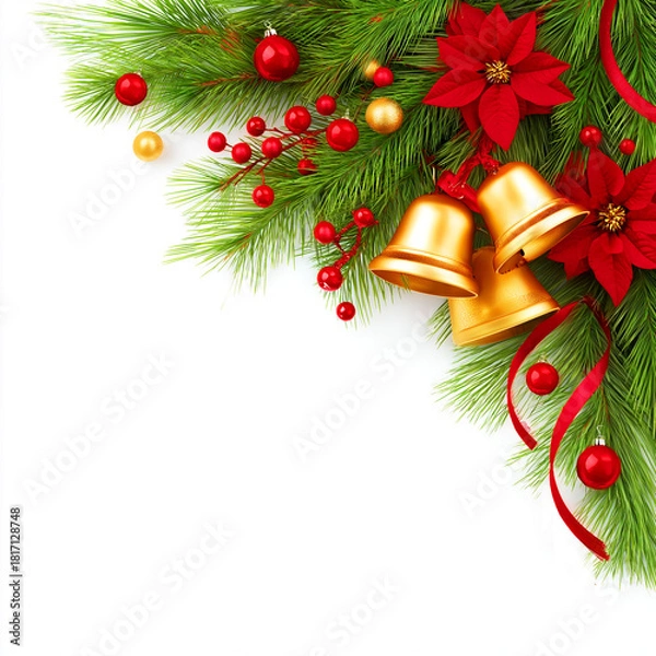 Fototapeta Christmas corner border with pine branches and ornaments. Corner frame element made of fir branches, golden jingle bells, poinsettia flowers and red berries isolated on white background