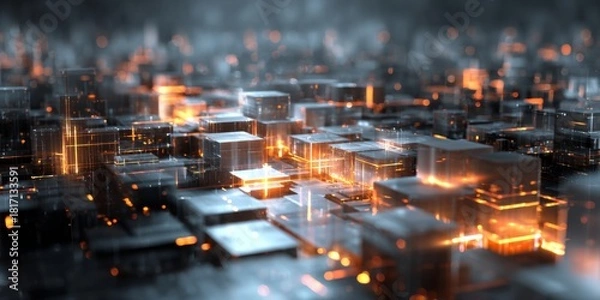 Fototapeta Abstract digital landscape with glowing city blocks and intricate circuit patterns in futuristic technology environment