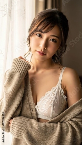 Obraz 窓際でカーディガンをはだけて微笑む白い下着姿の女性