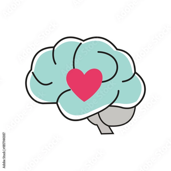 Fototapeta Cute brain with heart icon symbolizing mental health, emotional wellbeing, mindfulness and psychology in a simple flat vector style