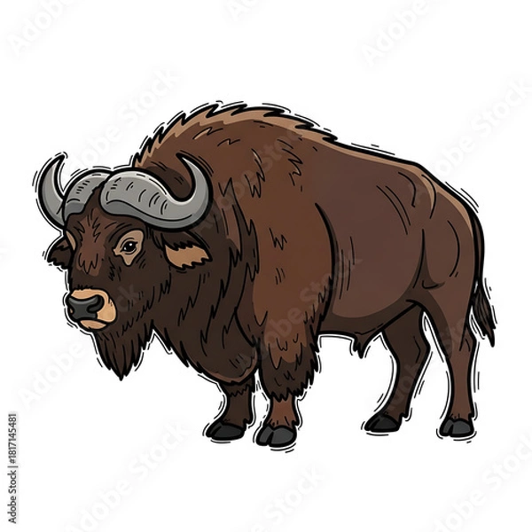 Obraz Cartoon bison standing with large horns and shaggy brown coat  