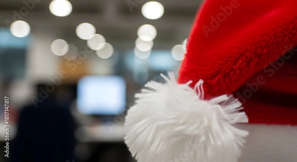 Fototapeta Santa hat in modern open plan office with colorful bokeh lights creating a cheerful corporate Christmas atmosphere