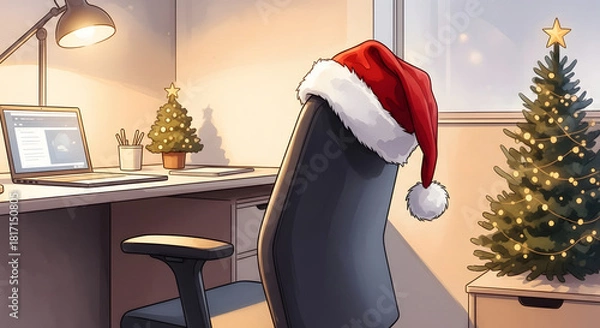 Fototapeta Silla ejecutiva con gorro navideño y pequeño árbol en escritorio, saludo corporativo de fin de año