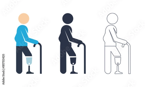 Fototapeta “Disabled person with prosthetic leg using walking cane – mobility aid support, rehabilitation assistance, accessibility illustration set”