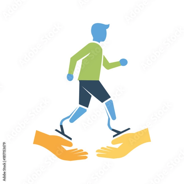 Fototapeta Colorful illustration of a child with running prosthetic legs supported by helping hands, symbolizing rehabilitation and disability support care