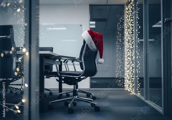Fototapeta Minimal office with Santa hat on chair and large empty wall providing Christmas business copy space