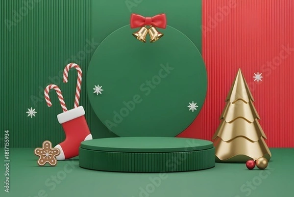 Obraz Festive christmas display with ornaments and a green podium for product presentation
