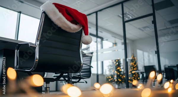 Fototapeta Bright modern open plan office with Santa hat on swivel chair and Christmas tree, festive corporate workspace