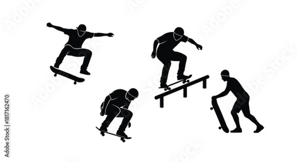 Fototapeta Silhouettes of skateboarders performing tricks in a dynamic black and white illustration