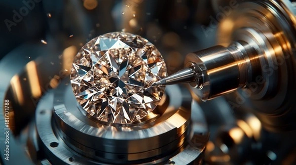 Obraz Diamond Cutting Process: Close-up of a Round Brilliant Cut Diamond Being Polished by a Precision Machine for Jewelry Making