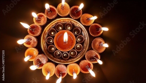 Fototapeta Rows Of Diya Lamps Forming Circle Pattern For Deva Diwali Festival Illustration