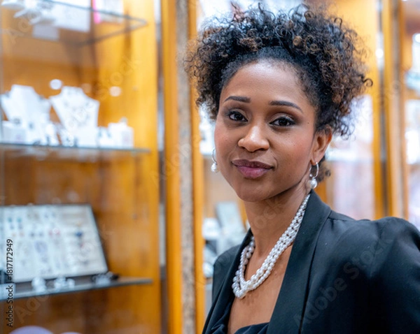 Obraz Chest-high portrait of an elegant young woman with curly hair and a pearl necklace, looking directly at the camera with a satisfied expression.