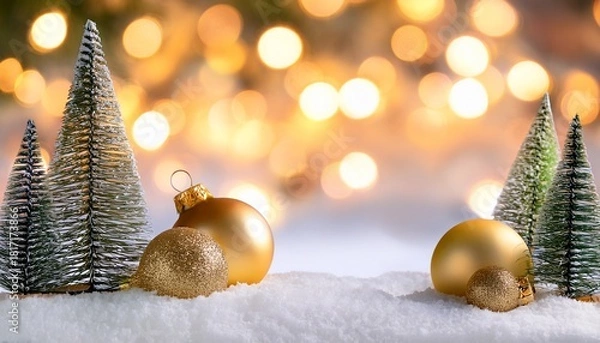 Fototapeta Christmas Holiday Background With Snow Fir Tree And Decorations With Christmas Light Behind Christmas Golden Balls On A Winter Festive Background