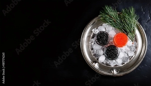 Fototapeta Black And Red Caviar On A Silver Plated Tray And On Ice Natural Delicacy Branch Of Spruce And Ice On A Tray Natural Omega Flat Lay Top View Copy Space