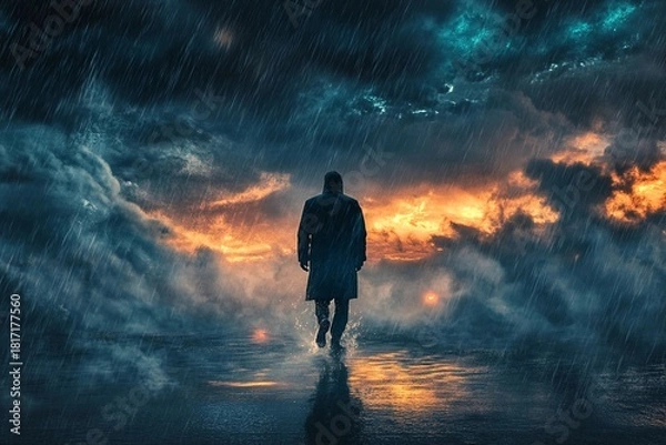 Obraz Person strolling in pouring rain