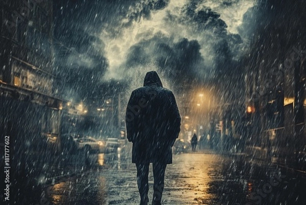 Fototapeta Person strolling in pouring rain with umbrella