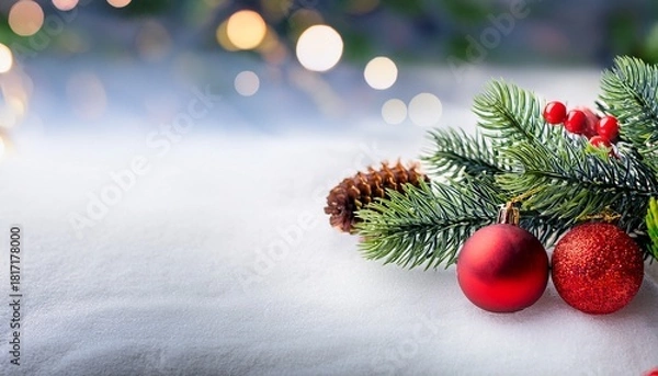 Fototapeta Christmas Background With Decorative Fir Tree Branch Red Balls And Cones For Decoraton New Year Winter Holidays Fantasy Concept With Decor And Copy Space Snowy Wide Panoramic Banner