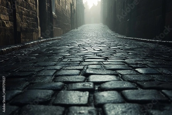 Fototapeta Foggy cobblestone lane at sunrise