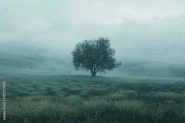 Obraz Lone tree standing in misty meadow