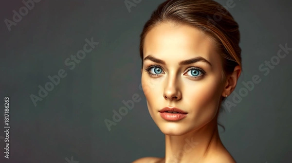 Obraz A close-up studio portrait of a glamorous fashion model's beautiful face and skin, highlighting her clean makeup, sensuality, and stylish hairstyle