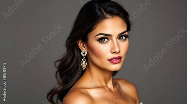 Obraz Glamour model with clean, natural skin,a  fresh face, and brunette hair styled with flawless makeup and bold lips in the studio