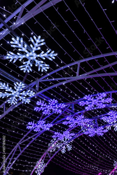 Fototapeta Illuminated snowflake tunnel creating winter holiday light display