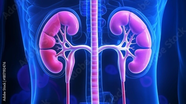 Fototapeta Detailed anatomical illustration of human kidneys, showcasing intricate structures and vibrant colors, emphasizing their vital role in the urinary system and overall health