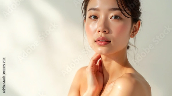 Fototapeta Close-up of a smiling woman with perfect skin and makeup, showcasing beauty and glamour with her brunette hair styled for fashion