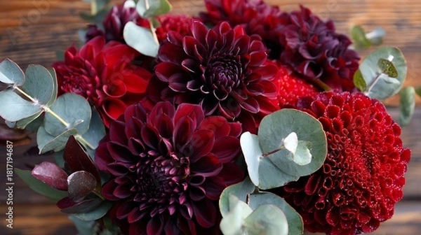 Obraz A rich bouquet of deep red dahlia flowers with soft green eucalyptus leaves