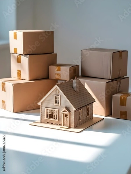 Fototapeta House model home sits on table with stacked boxes