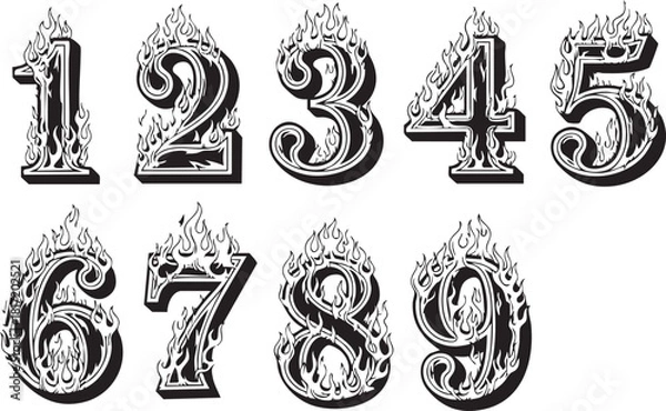 Fototapeta A set of stylized, flaming numbers from one to nine, illustrated in a black and white vintage design.