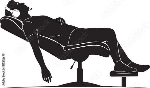 Fototapeta A silhouette of a man relaxing or sleeping in a reclining chair while wearing a headset.