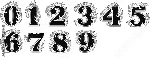 Fototapeta Black and white illustration of numbers zero through nine, each surrounded by decorative flame outlines.