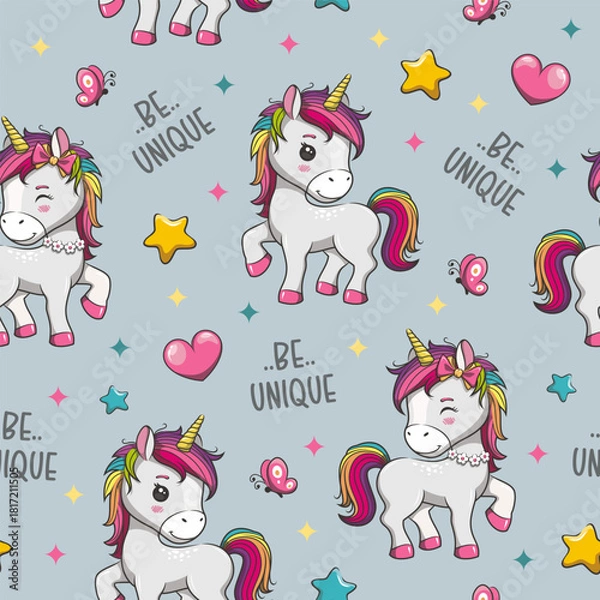 Obraz Seamless Pattern Cute Rainboew Unicorn, Be Unique, Vector Cartoon Illustration