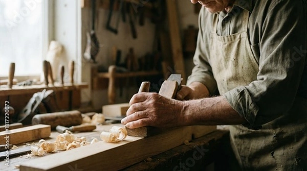 Fototapeta Craftsman using hand plane to shape wood in traditional workshop filled with tools