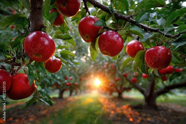 Obraz Red Apples on Branches at Sunset in Orchard