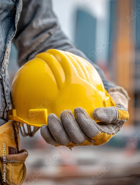 Fototapeta Side View of Worker Adjusting Yellow Hard Hat
