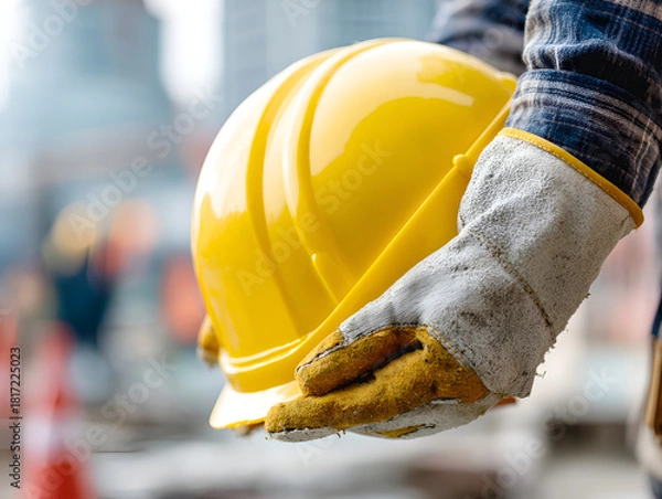 Obraz A pair of gloved hands holding out a yellow hard hat as if offering it to the viewer or a colleague, conveying teamwork, safety initiative, and starting a project.