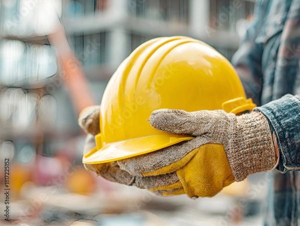 Fototapeta Construction Worker Offering Yellow Hard Hat
