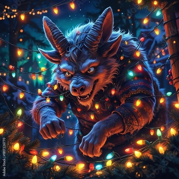 Obraz playful Krampus tangled in glowing Christmas lights, frustrated cute expression, vibrant holiday chaos illustration